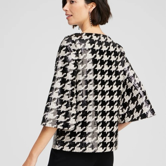 Chico’s Classy Black & White Sequin Houndstooth Flare 3/4 Sleeve Blouse Top - Picture 3 of 10